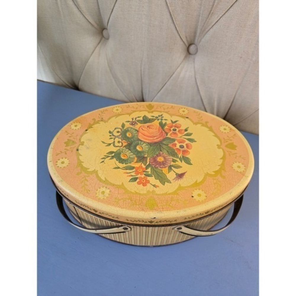 Vintage 1950s Floral Tin Basket Box with Handles Oval Storage Container